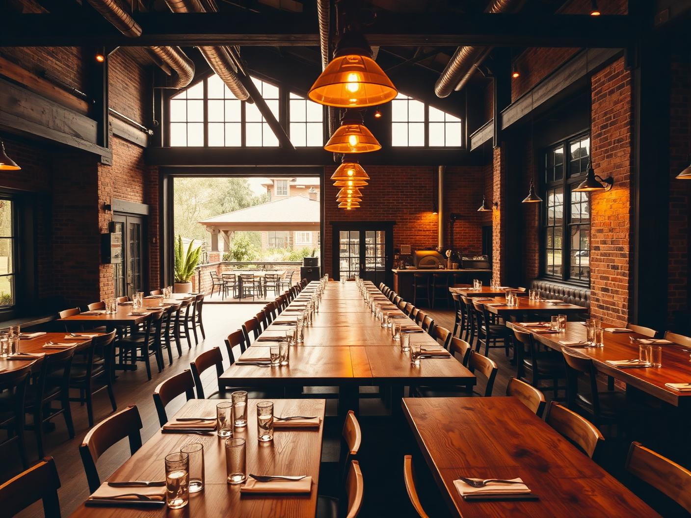 Interiér pivovarské restaurace s dlouhými stoly a výhledem na venkovní dvůr s pecí